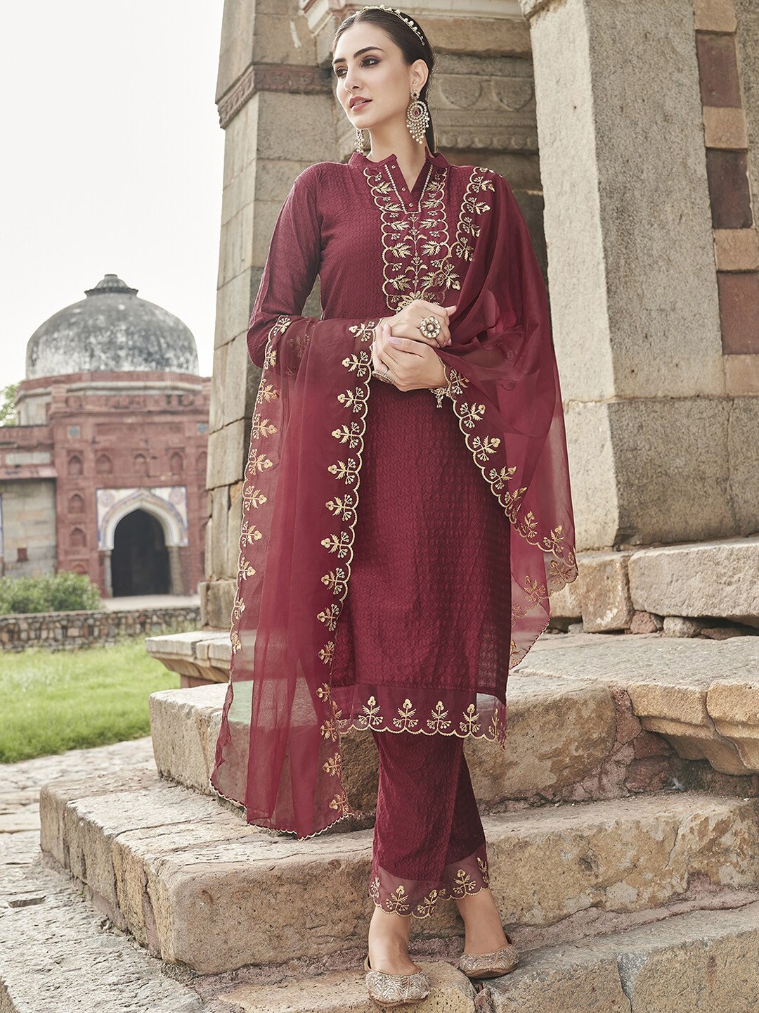 

Indo Era Embroidered Sequined Regular Kurta with Trousers & Dupatta, Brown