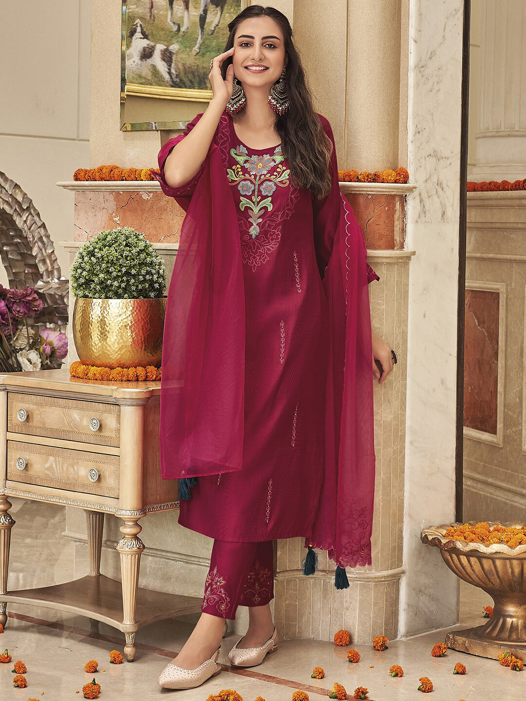 

Indo Era Beads Embroidered Bell Sleeves Regular Kurta with Trousers & Dupatta, Pink