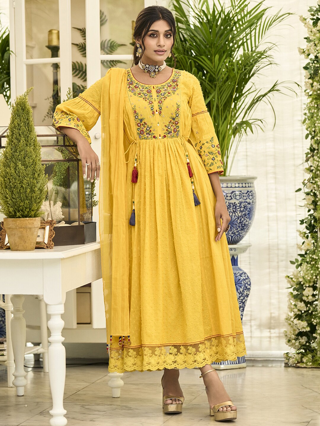 

Indo Era Floral Embroidered Round Neck Tie-Ups Detail Cotton Maxi Dress With Dupatta, Yellow