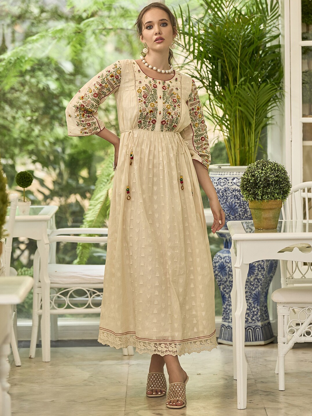 

Indo Era Floral Embroidered Round Neck Tie-Ups Detail Cotton Maxi Dress With Dupatta, White