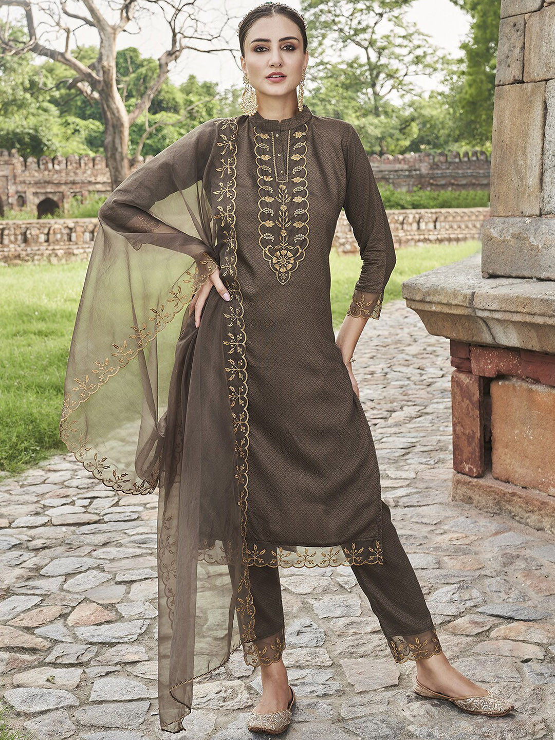 

Indo Era Embroidered Sequined Regular Kurta with Trousers & Dupatta, Brown