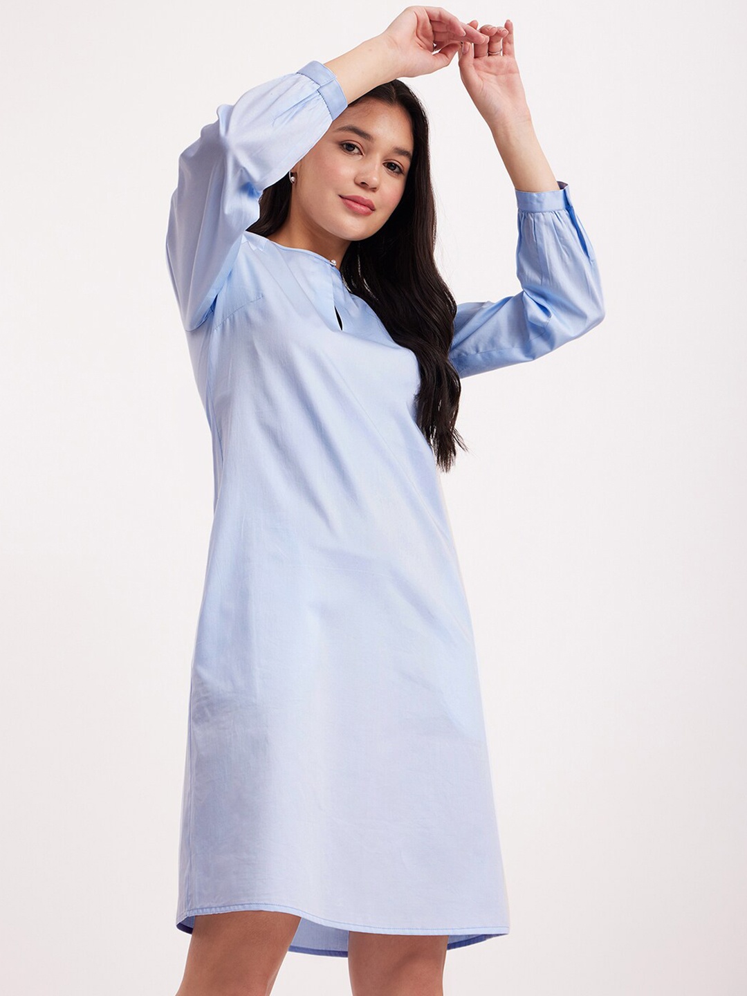 

FableStreet Key-Hole Neck A-Line Cotton Dress, Blue