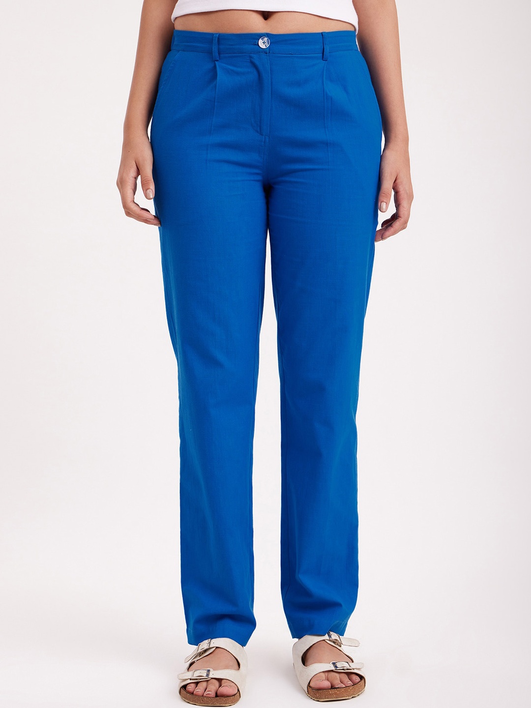 

FableStreet Women Straight Fit Pleated Trousers, Blue