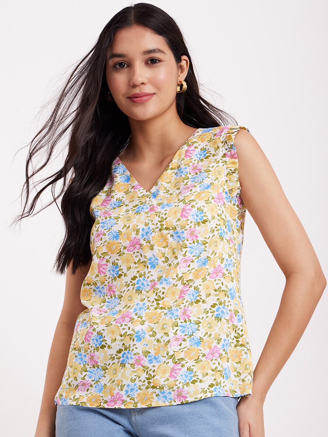 

FableStreet Floral Print Blouson Top, White