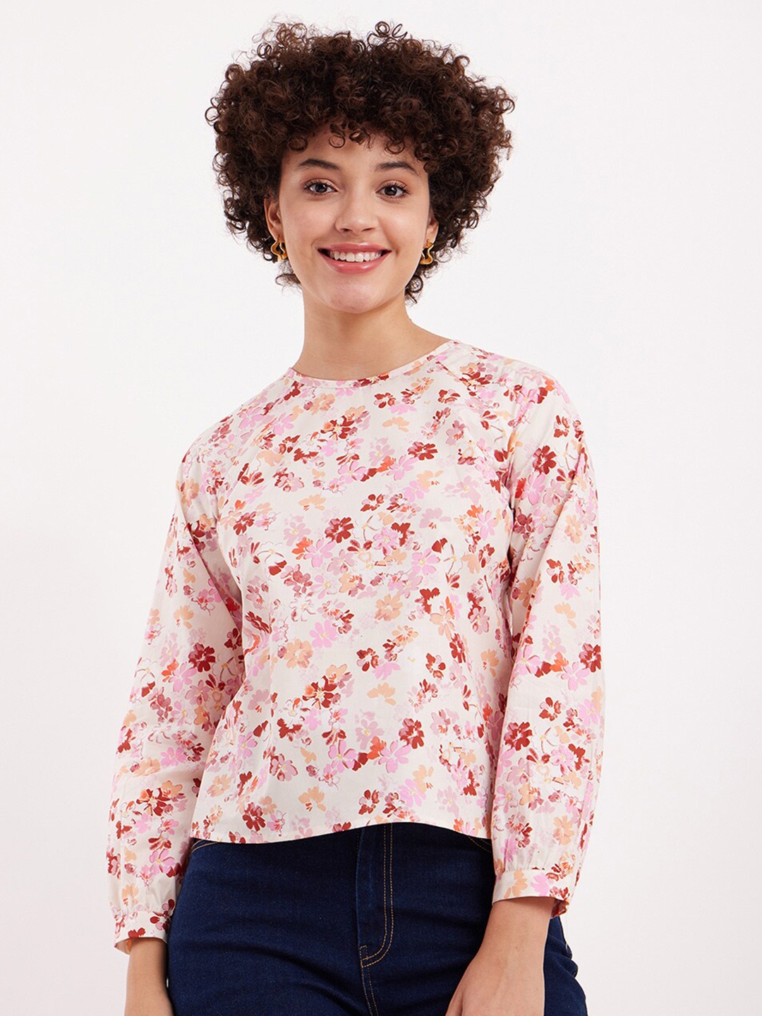 

FableStreet Floral Print Cotton Top, White