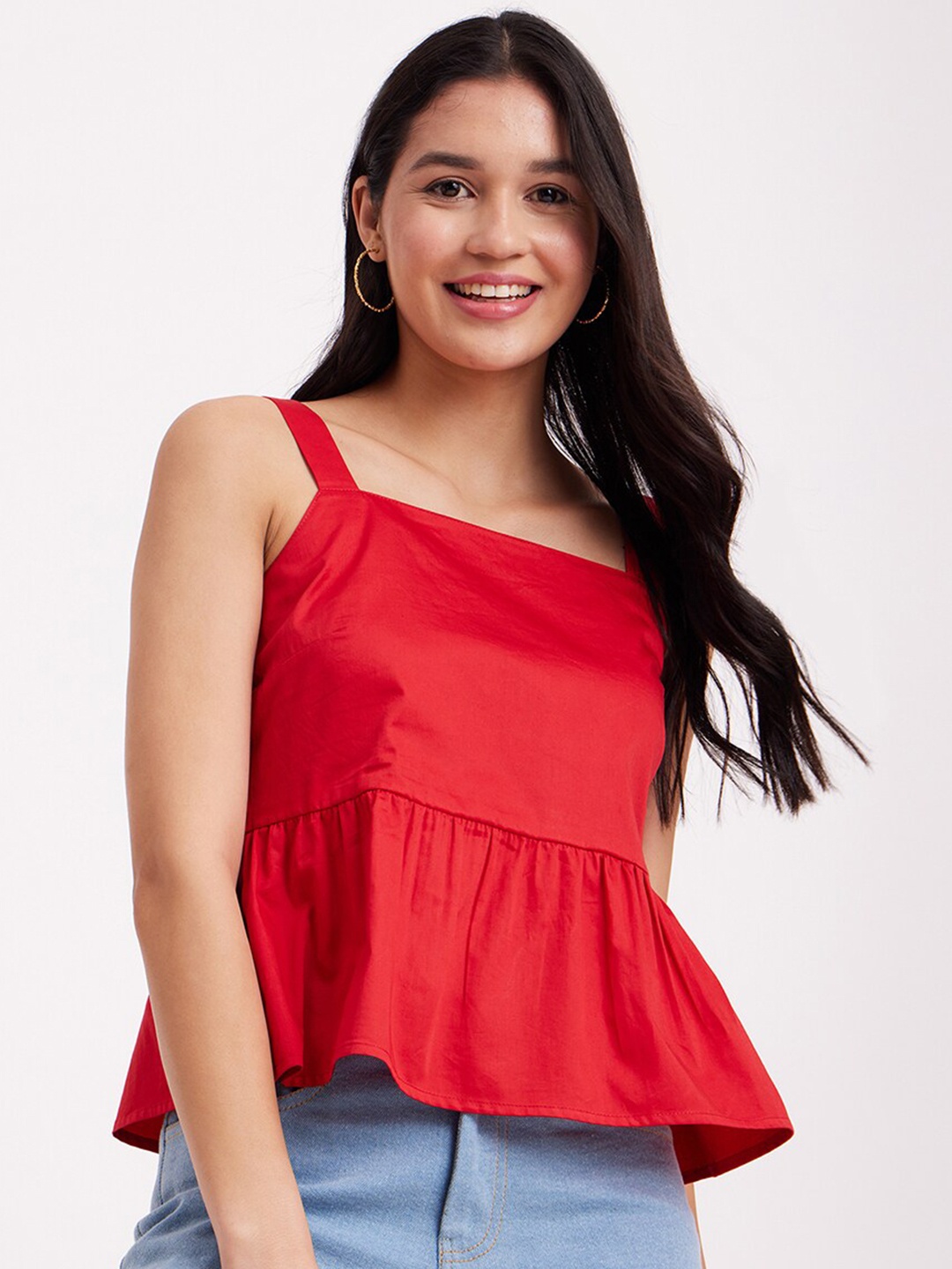 

FableStreet Shoulder Straps Cotton Peplum Top, Red