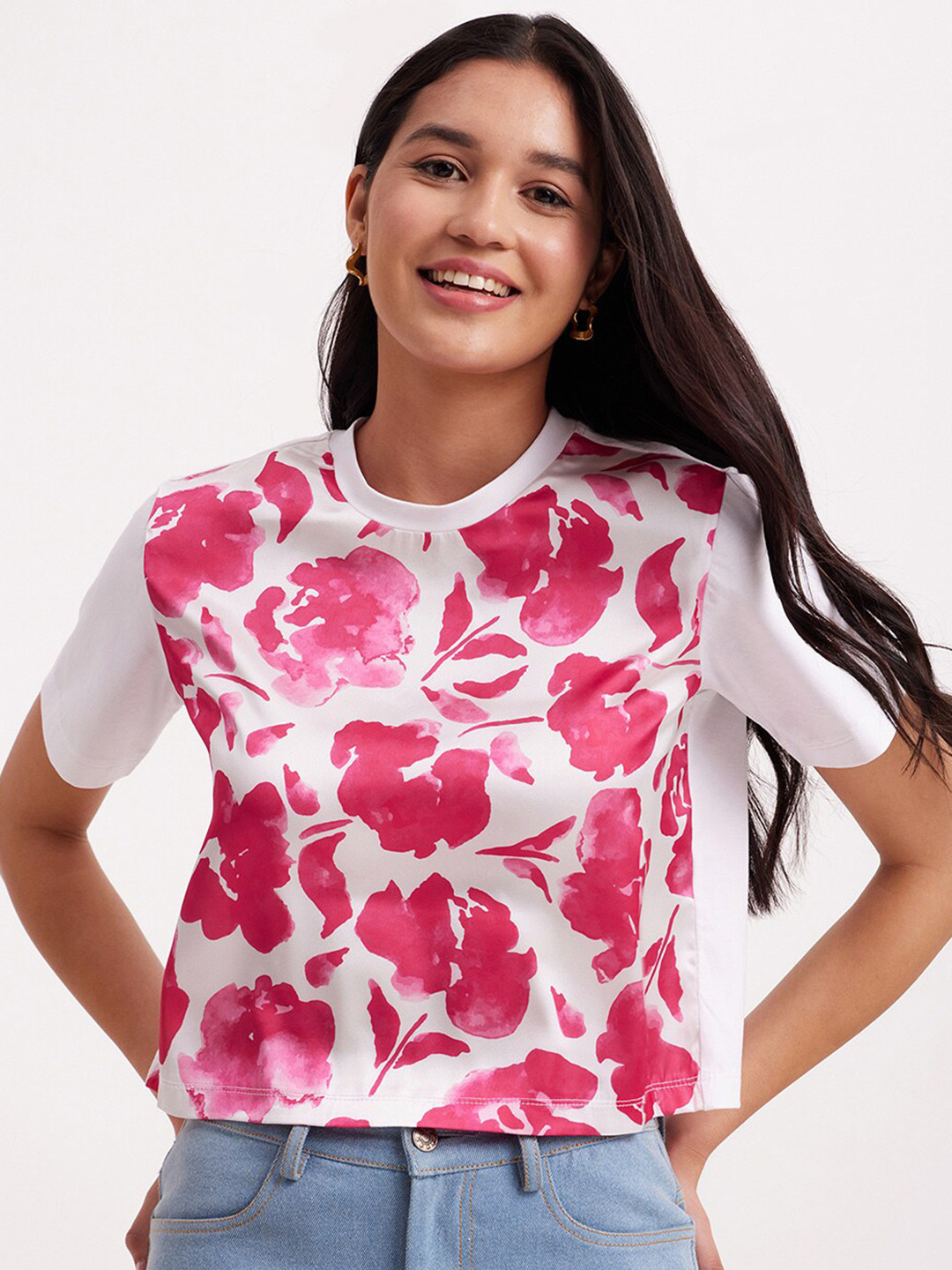 

FableStreet Floral Printed Cotton Boxy T-Shirt, White