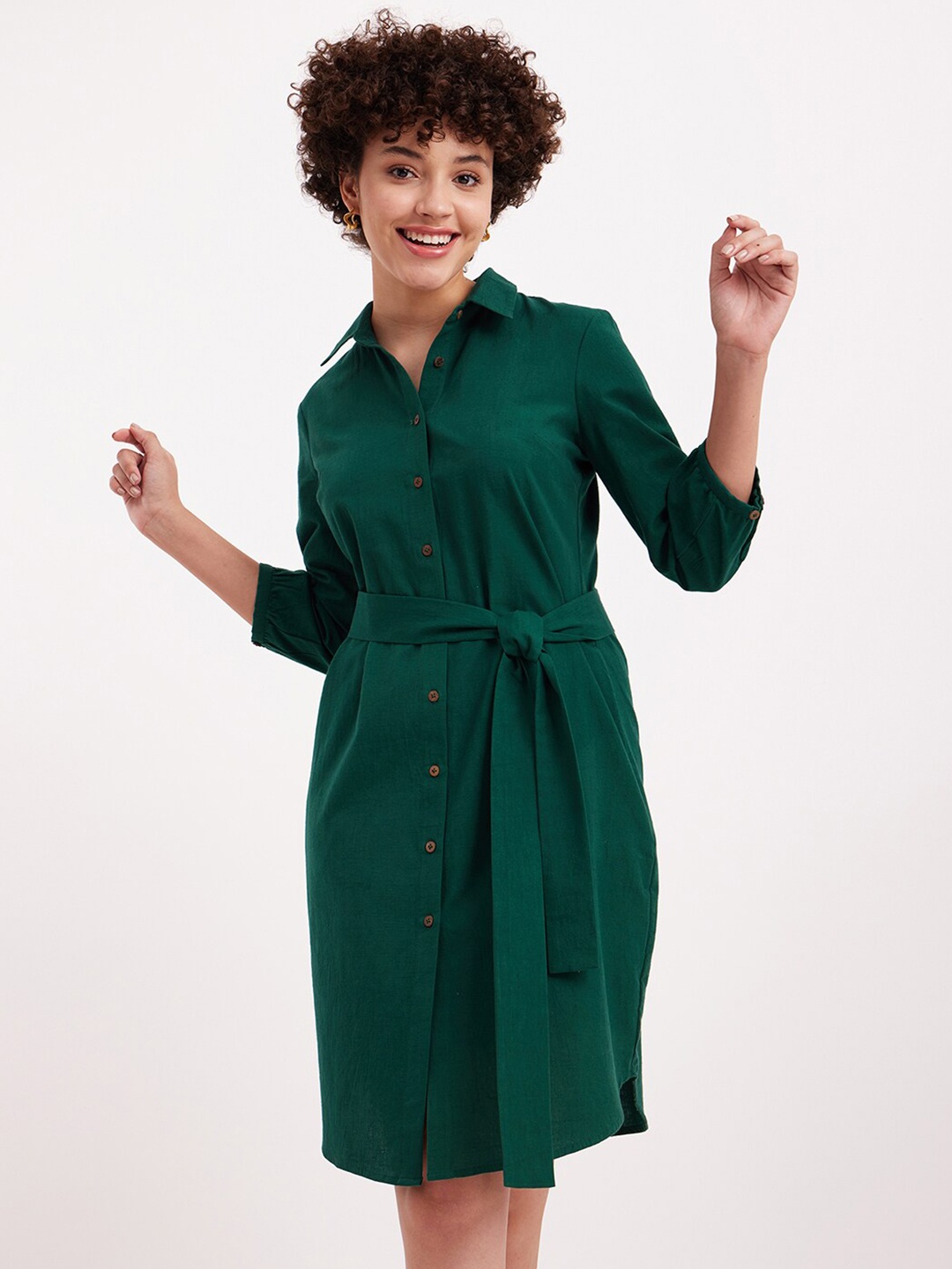 

FableStreet Waist Tie-Up Linen Shirt Dress Comes with a belt, Green