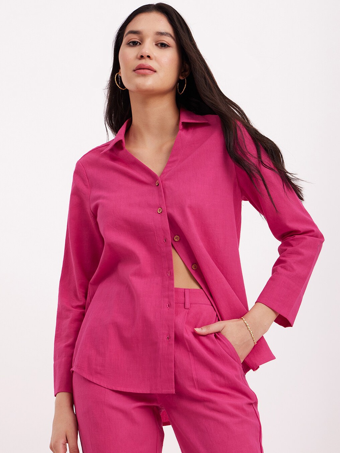 

FableStreet Spread Collar Linen Casual Shirt, Fuchsia