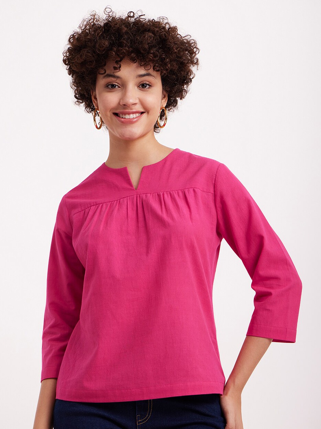 

FableStreet Notch Neck Linen Regular Top, Pink