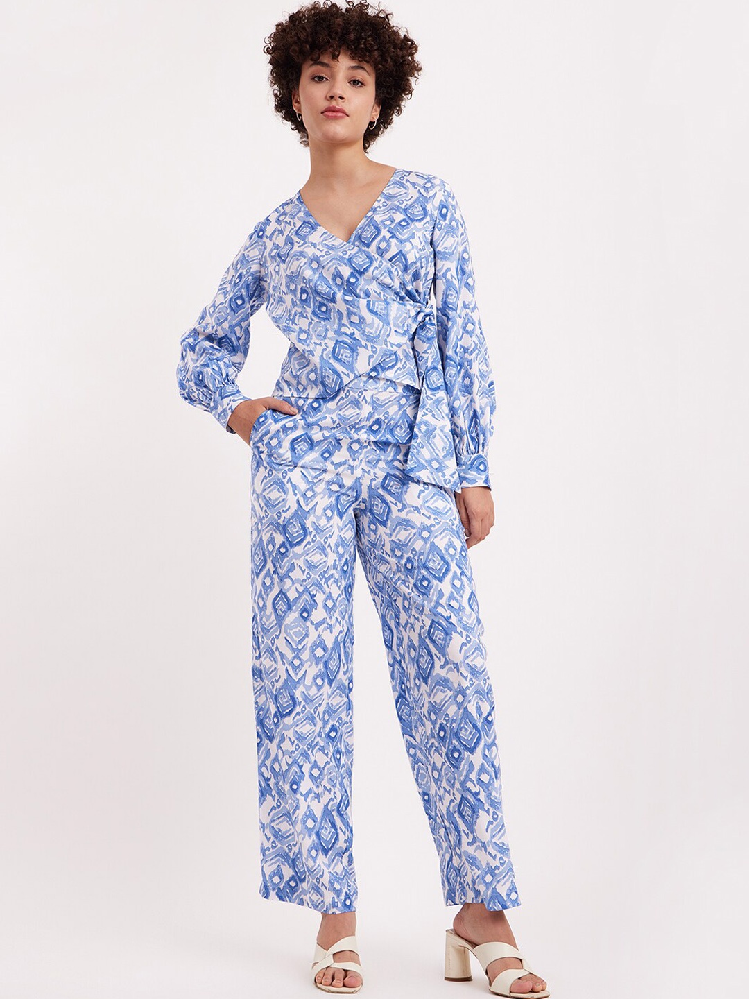 

FableStreet Printed V-Neck Top & Trousers, Blue