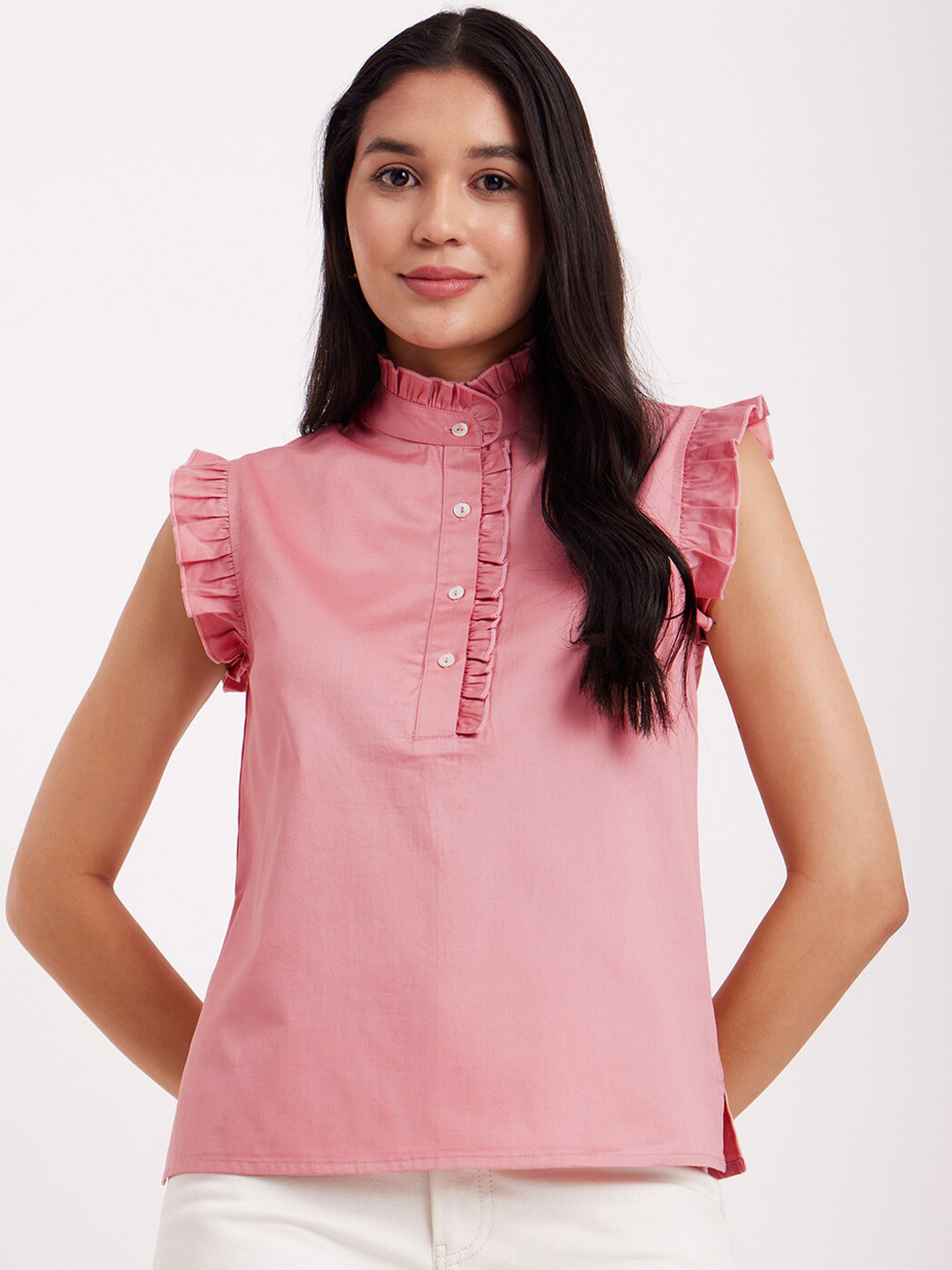 

FableStreet Band Collar Flutter Sleeve Ruffled Cotton Top, Pink
