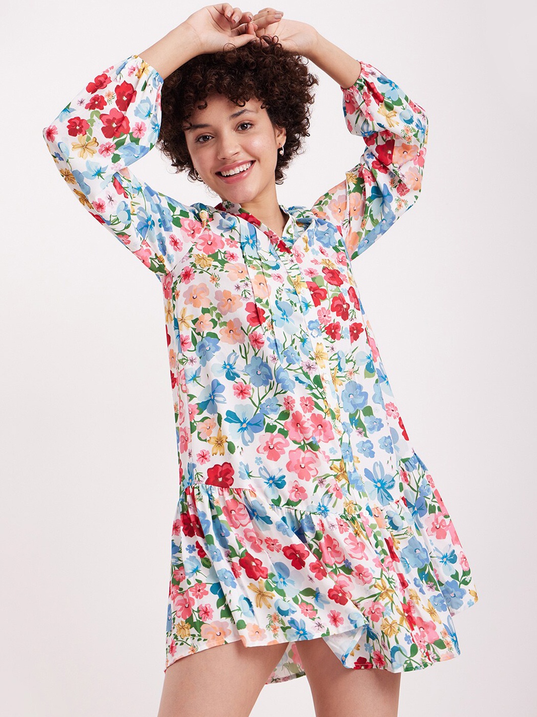

FableStreet Floral Printed Shirt Mini Dress, White