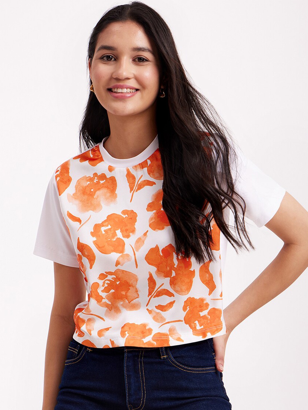 

FableStreet Floral Printed Cotton Boxy T-Shirt, White