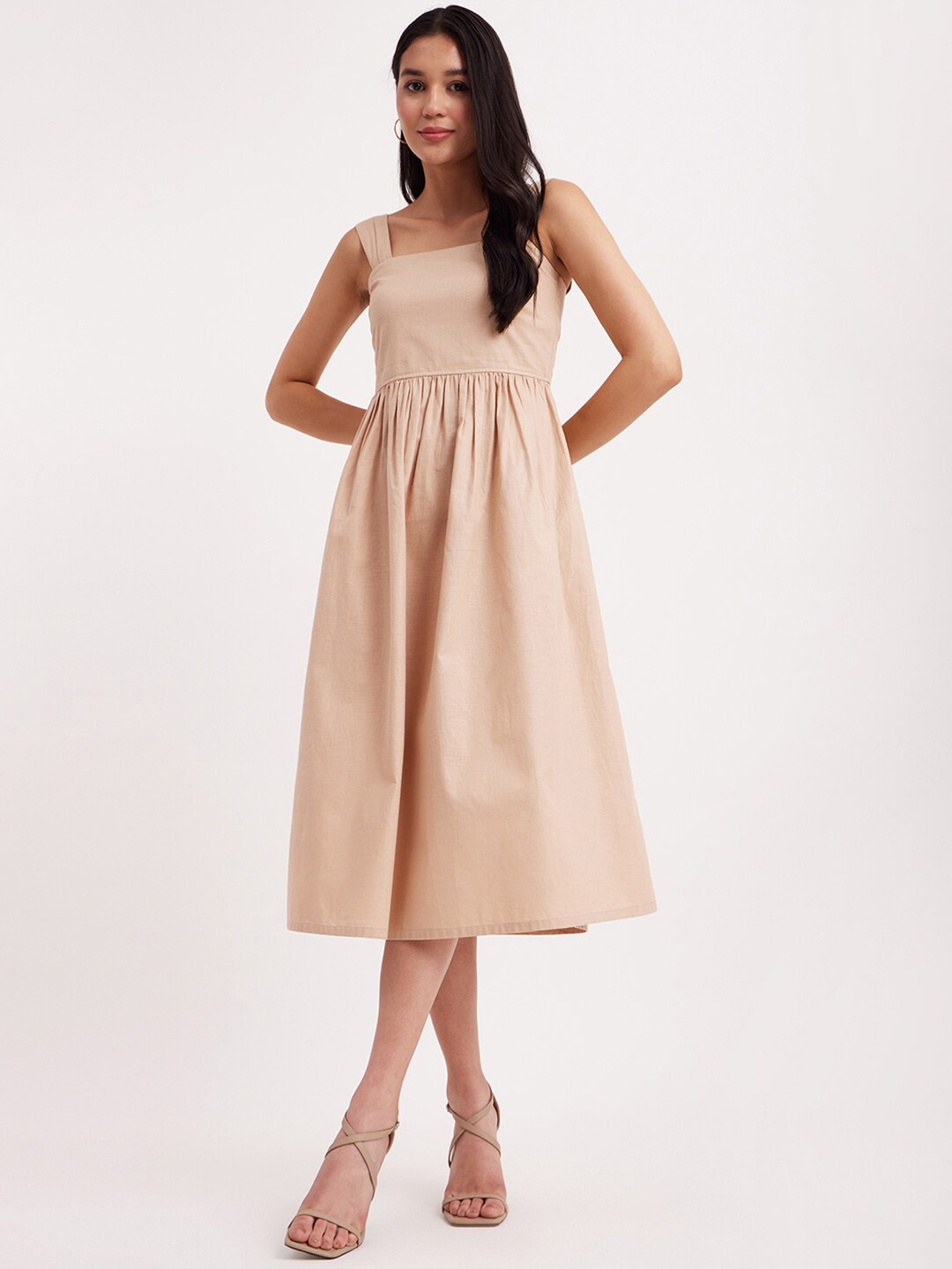 

FableStreet Shoulder Straps Linen Fit & Flare Midi Dress, Beige