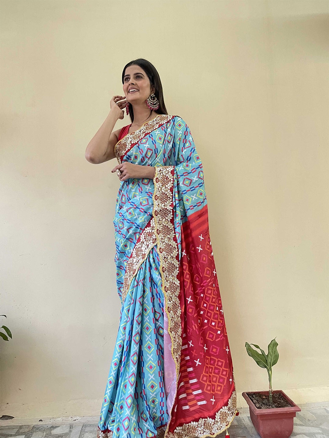 

Mitera Ethnic Motifs Printed Patola Saree, Blue