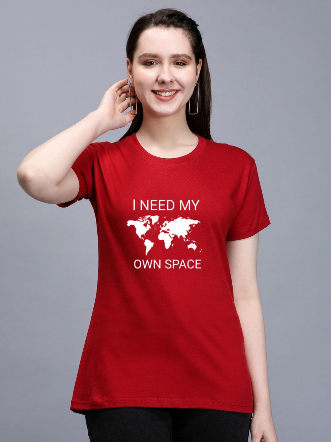 

TRENDY RABBIT Typography Printed Cotton T-shirt, Red
