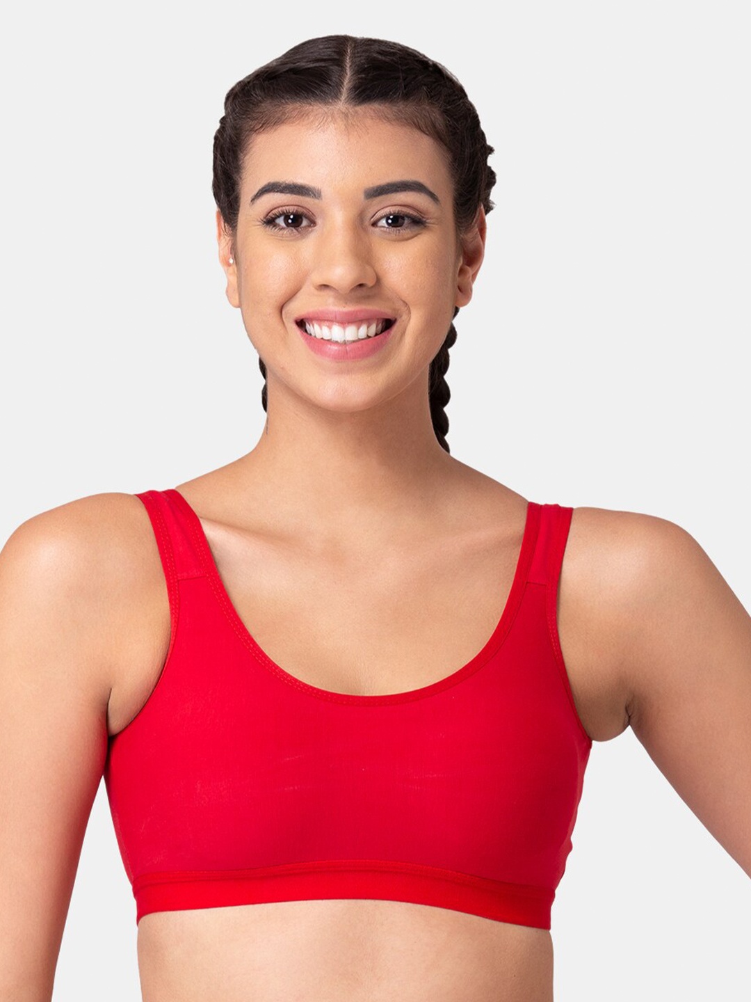 

Tweens Full Coverage Racer-Back Seamless Non-Padded Slip-on Beginners Sports Bra, Red