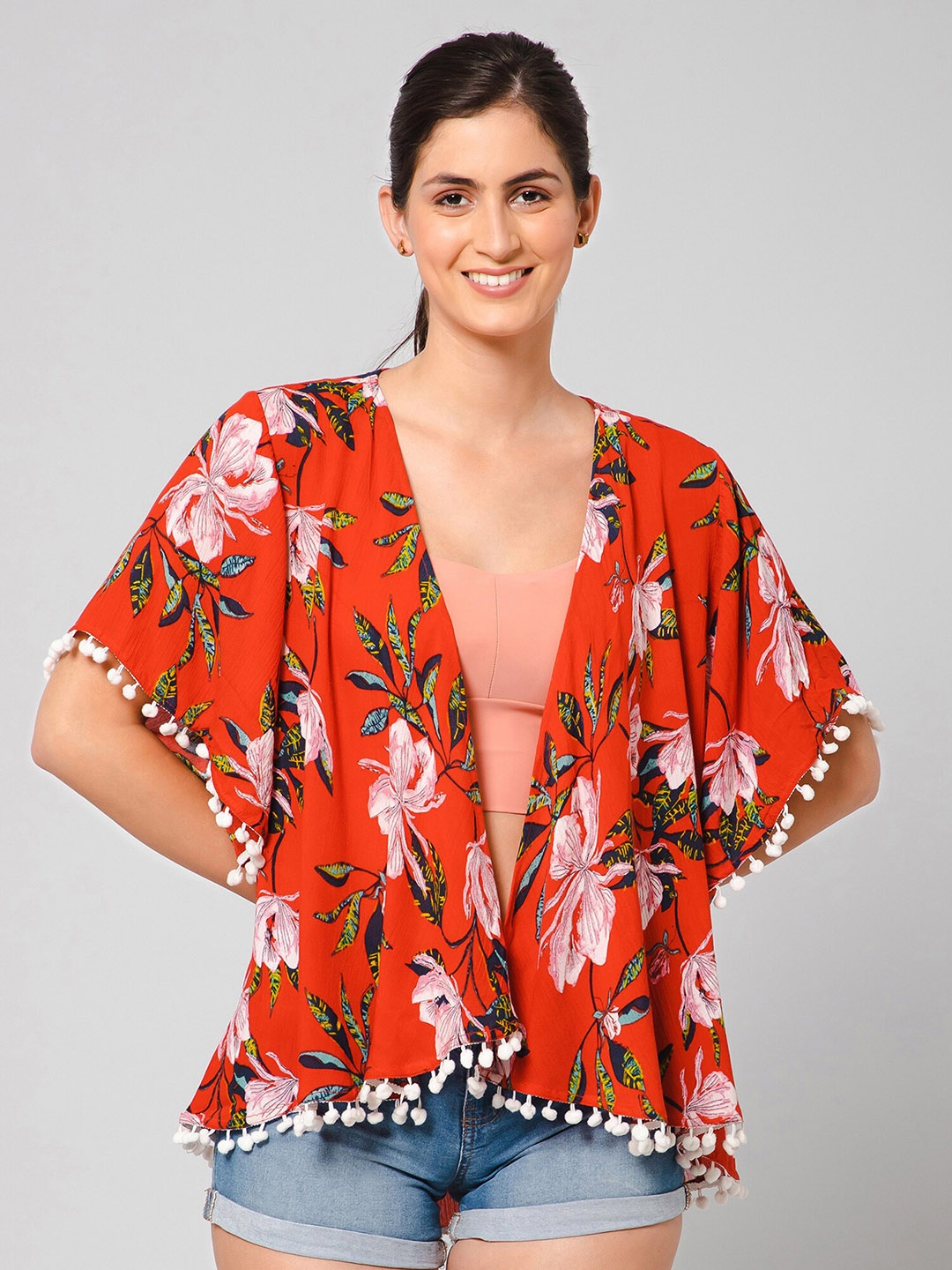 

PURYS Floral Printed Open Front Shrug, Red