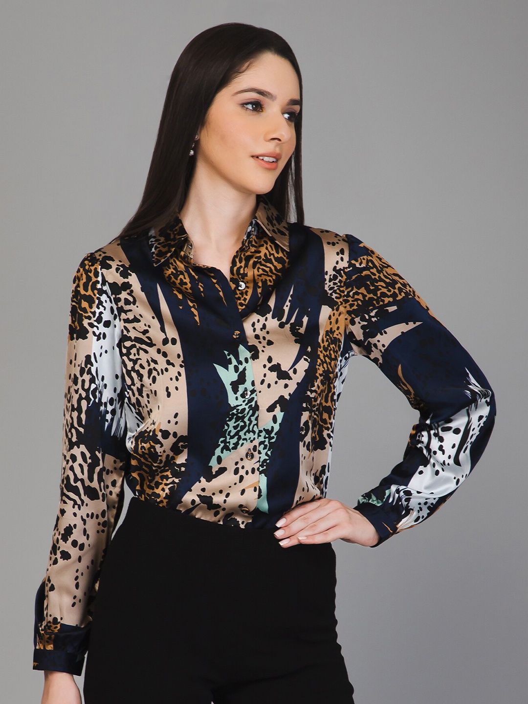 

PURYS Standard Animal Printed Satin Casual Shirt, Navy blue