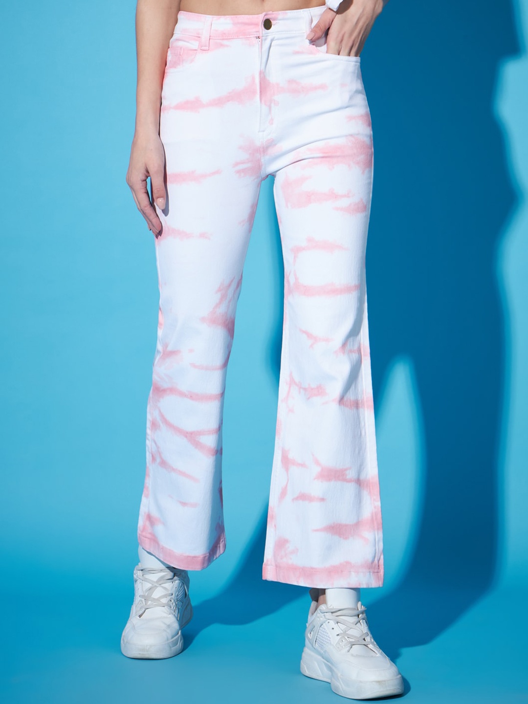 

GUTI Women Flared High-Rise Tie And Dyed Stretchable Jeans, White