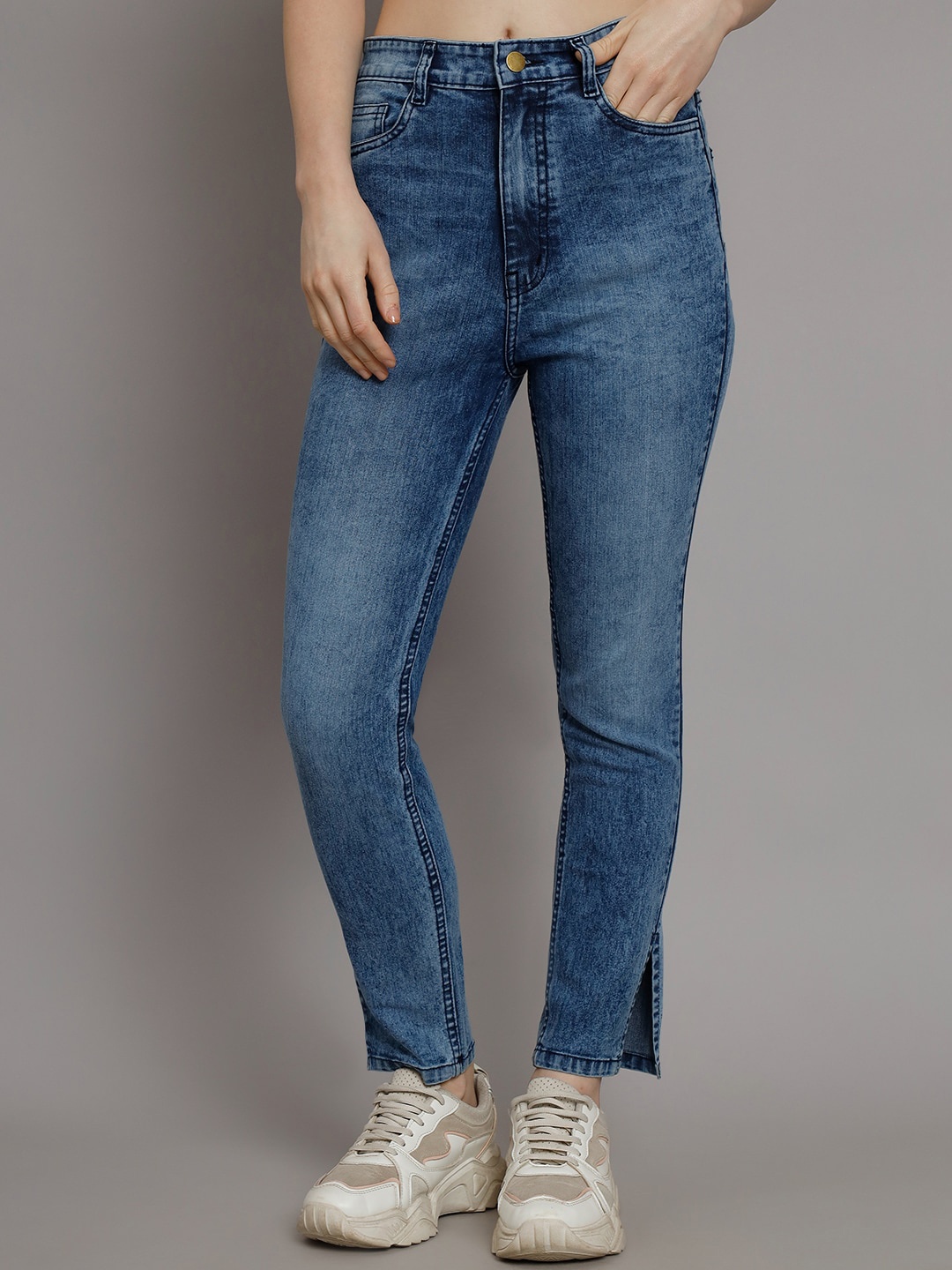 

GUTI Women Slim Fit High-Rise Light Fade Clean Look Slits Stretchable Jeans, Blue