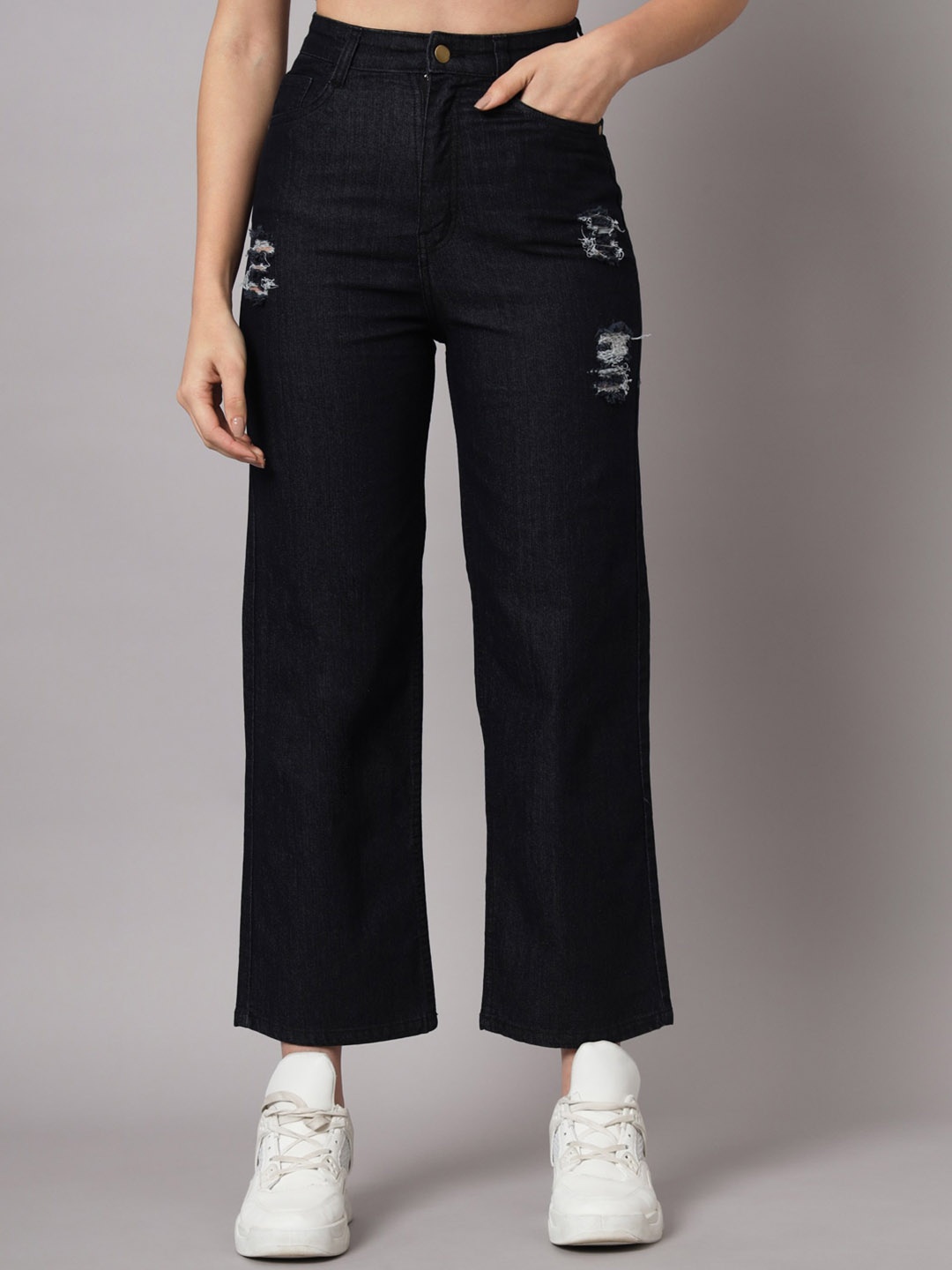 

GUTI Women Flared High-Rise Mildly Distressed Ripped Stretchable Jeans, Blue