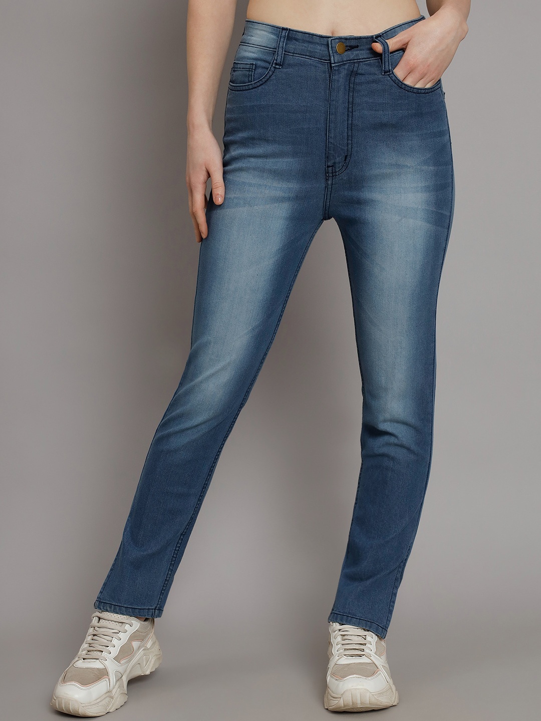 

GUTI Women Slim Fit High-Rise Heavy Fade Clean Look Slits Stretchable Jeans, Blue