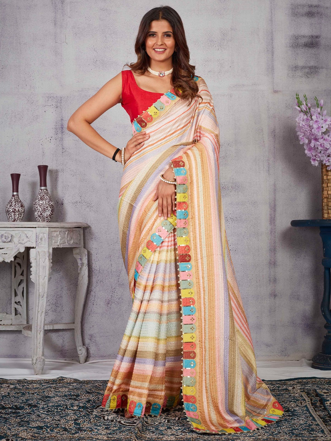 

Mitera Red & Pink Striped Sequinned Saree