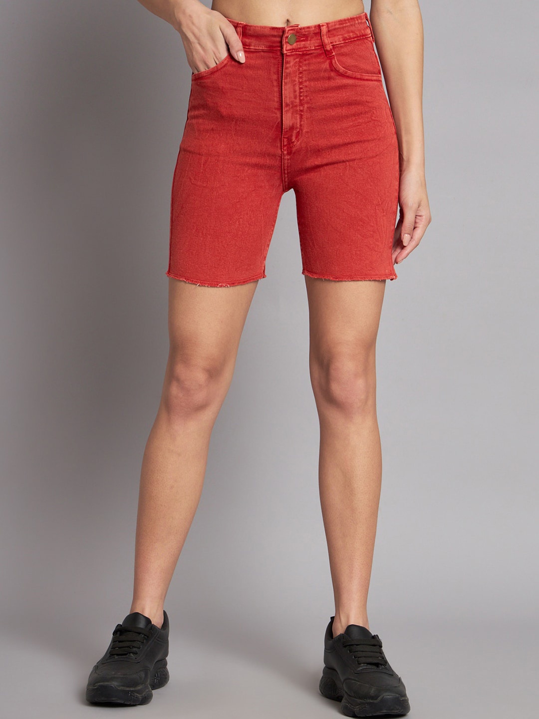 

GUTI Women High-Rise Cotton Denim Shorts, Red