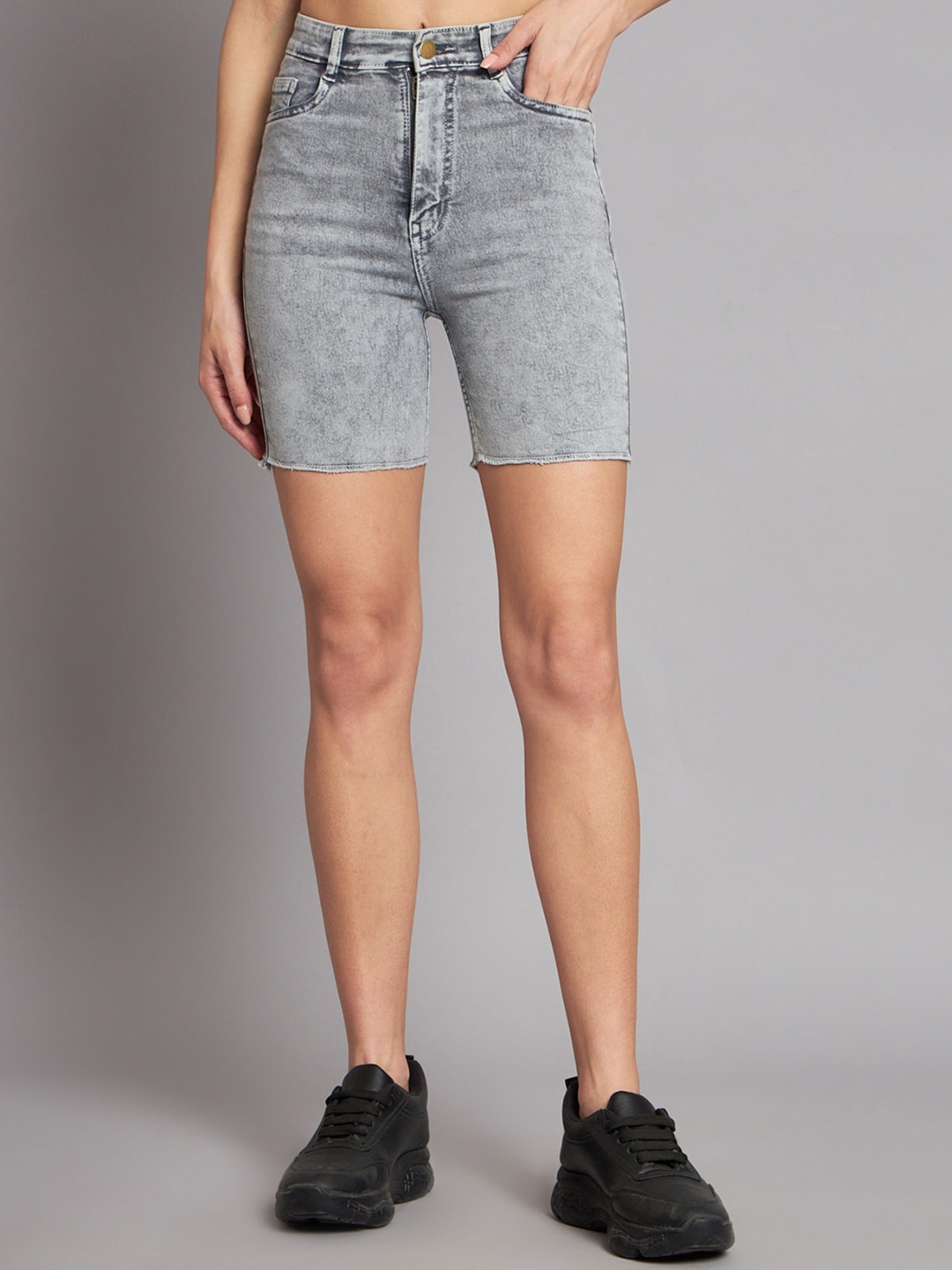 

GUTI Women High-Rise Cotton Denim Shorts, Grey