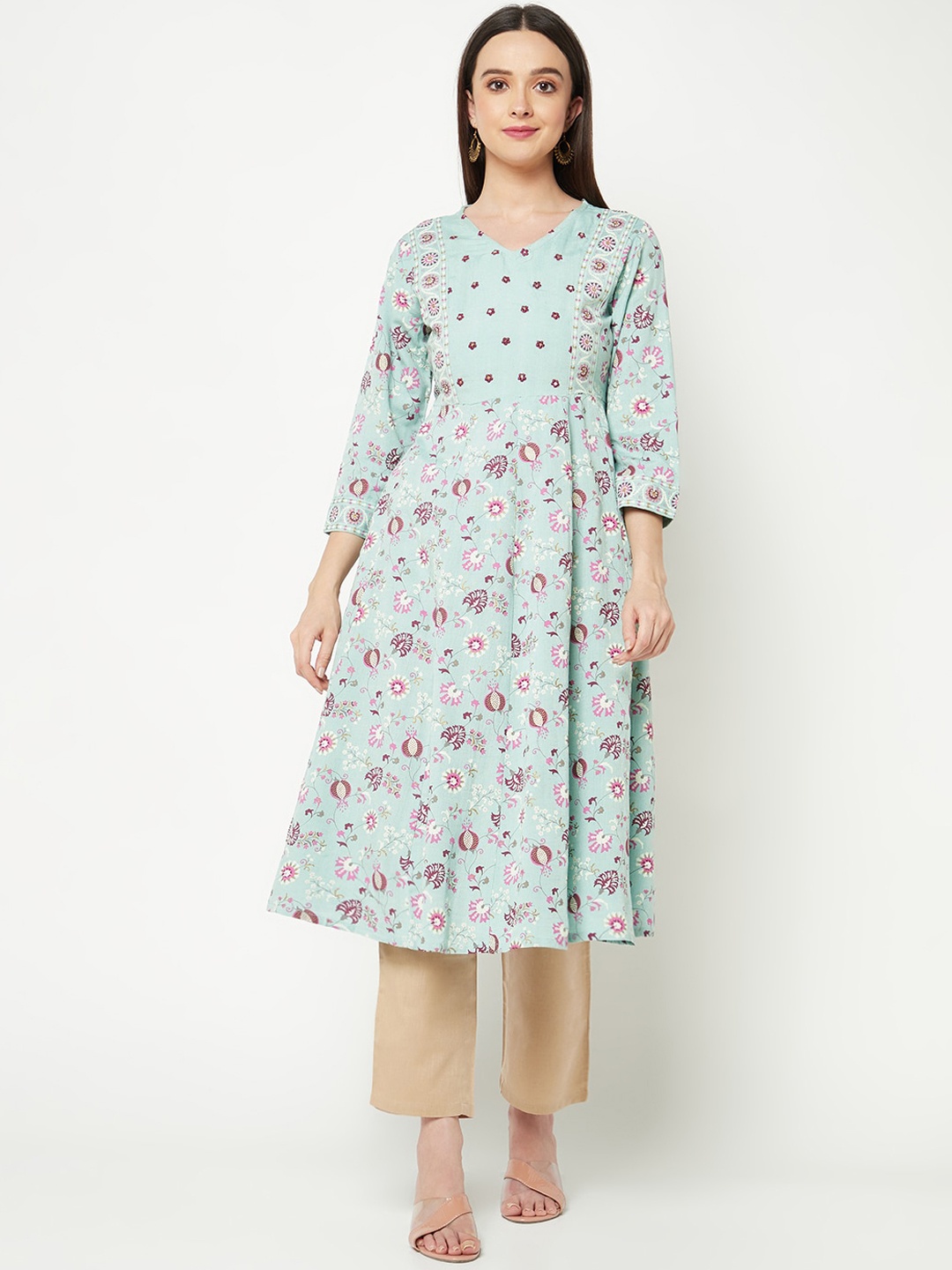 

IMARA Floral Printed Round Neck Anarkali Kurta, Sea green