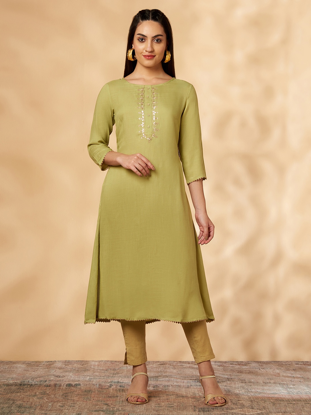 

IMARA Embroidered Round Neck Gotta Patti A Line Kurta, Yellow