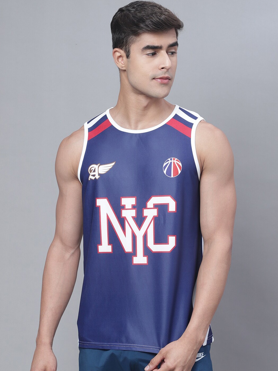 

PERFKT-U Typography Printed Sleeveless T-Shirt, Navy blue