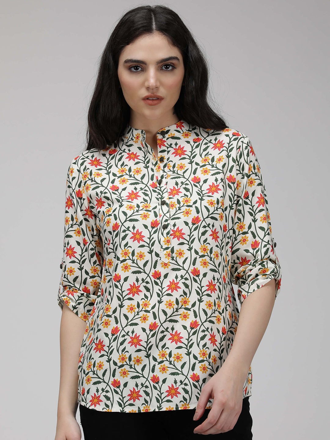 

IDK Floral Printed Mandarin Collar Top, White