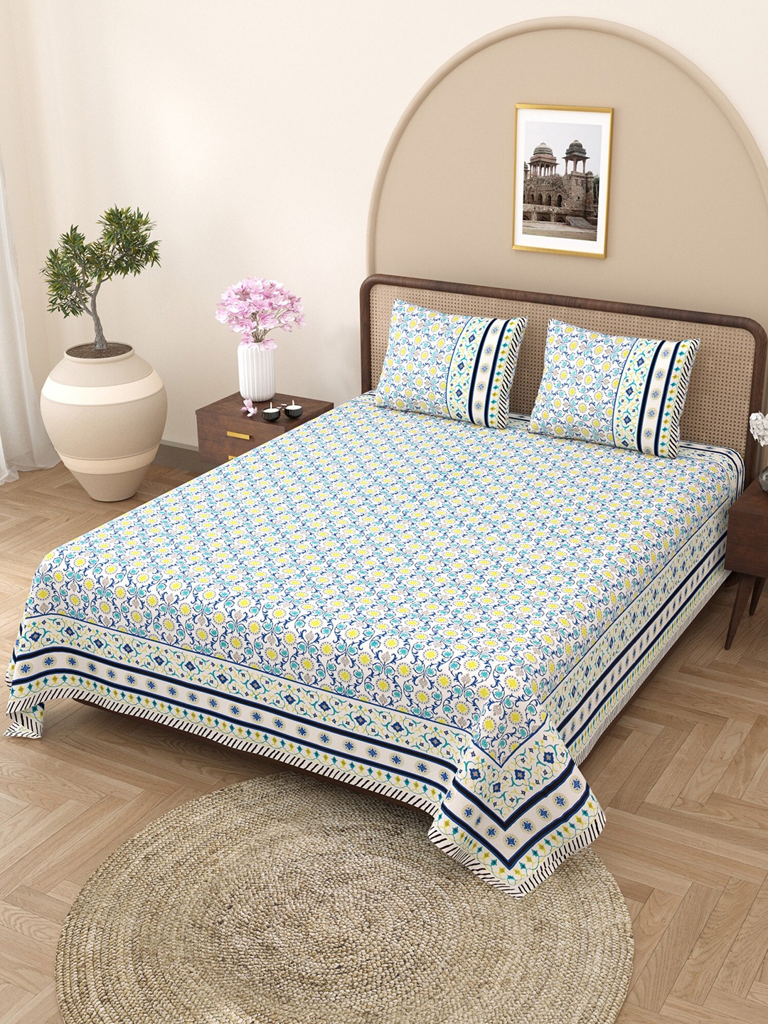 

CURIOUS LIFESTYLE Blue Ethnic Motifs 300 TC Cotton King Bedsheet with 2 Pillow Covers