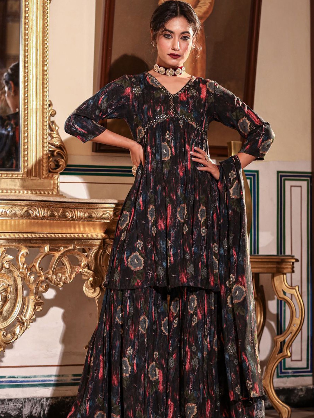 

Zolo Label Floral Printed Empire Anarkali Kurta & Sharara With Dupatta, Black
