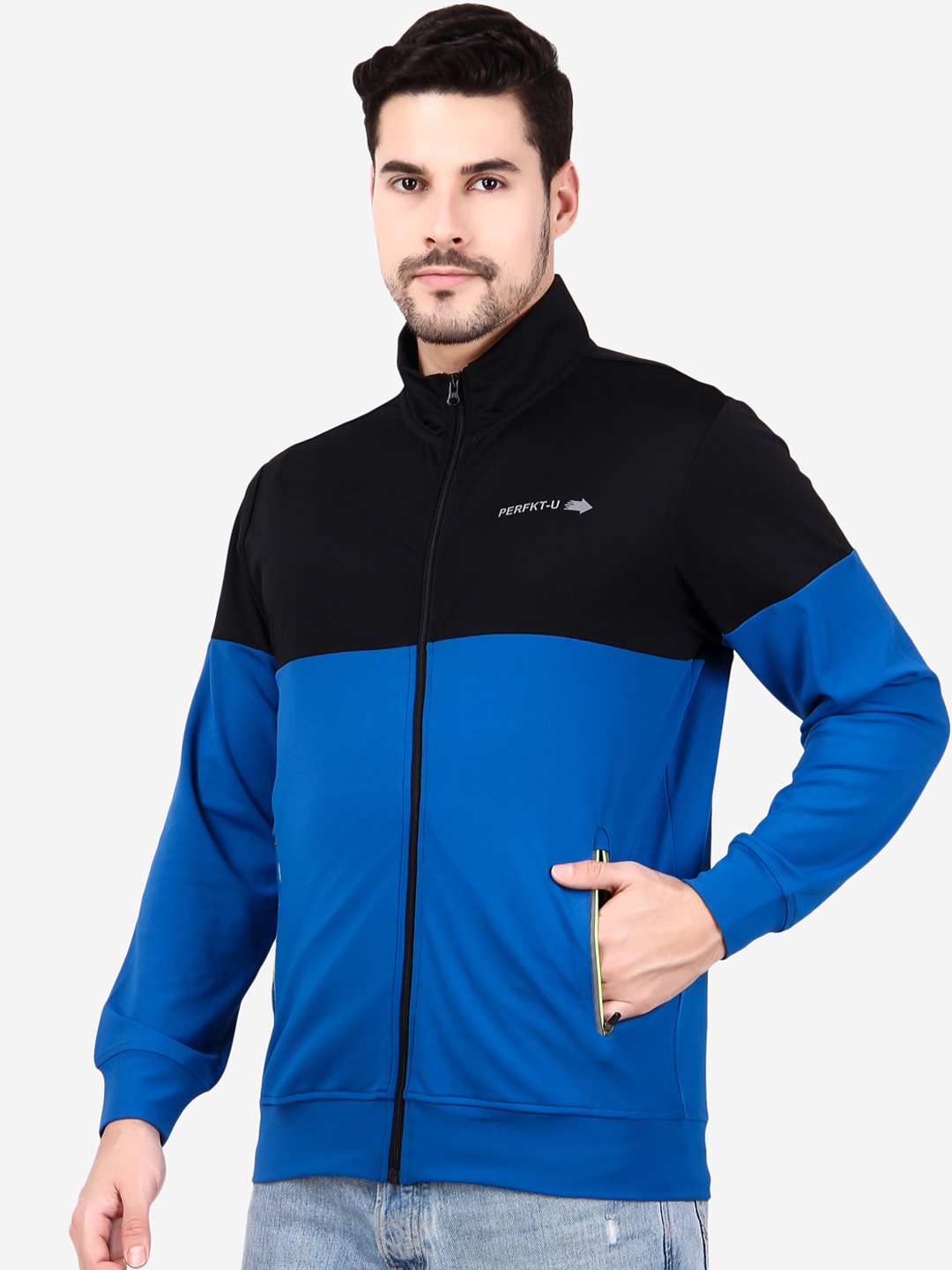 

PERFKT-U Colourblocked Windcheater Antimicrobial Training or Gym Sporty Jacket, Black