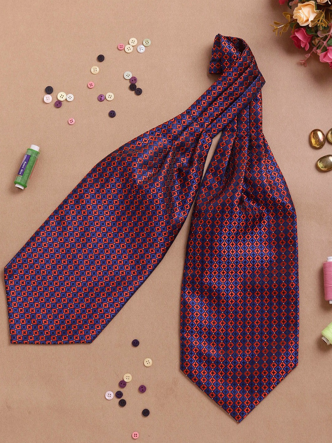 

PELUCHE Geometric Woven Design Embellished Cravat Tie, Red