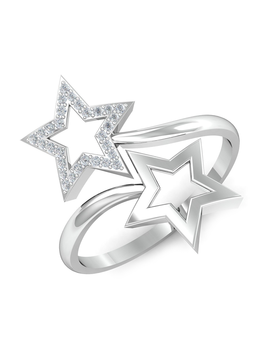 

KUBERBOX Twin Star 18KT White Gold Diamond-Studded Open Ring - 2.61gm, Silver