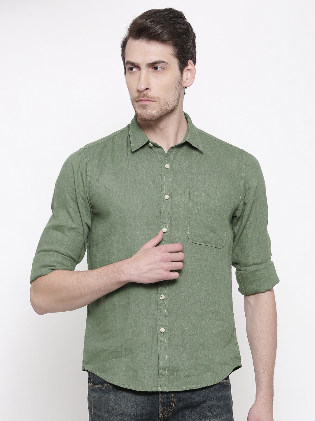 

Pepe Jeans Men Green Linen Regular Fit Solid Casual Shirt