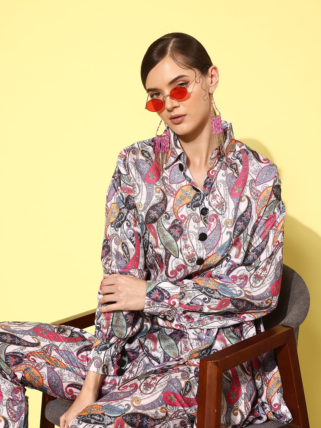 

Yufta Women Printed Shirt with Trousers, Cream