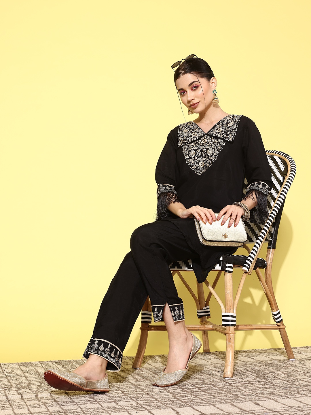 

Yufta Women Embroidered Tunic with Trousers, Black