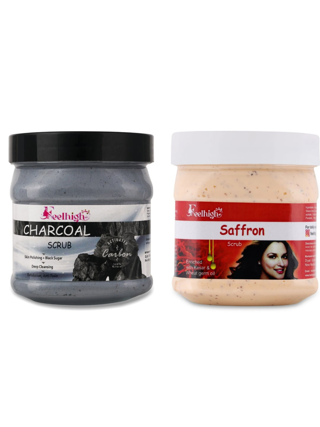 

FEELHIGH Set Of 2 Charcoal & Saffron Scrub For Face & Body Exfoliators 500 ml Each, Black