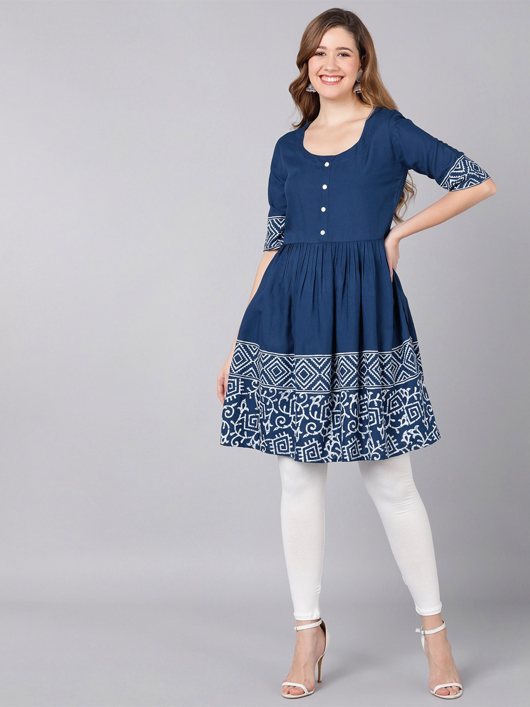 

Indi INSIDE Geometric Printed Pleated A-Line Kurti, Blue