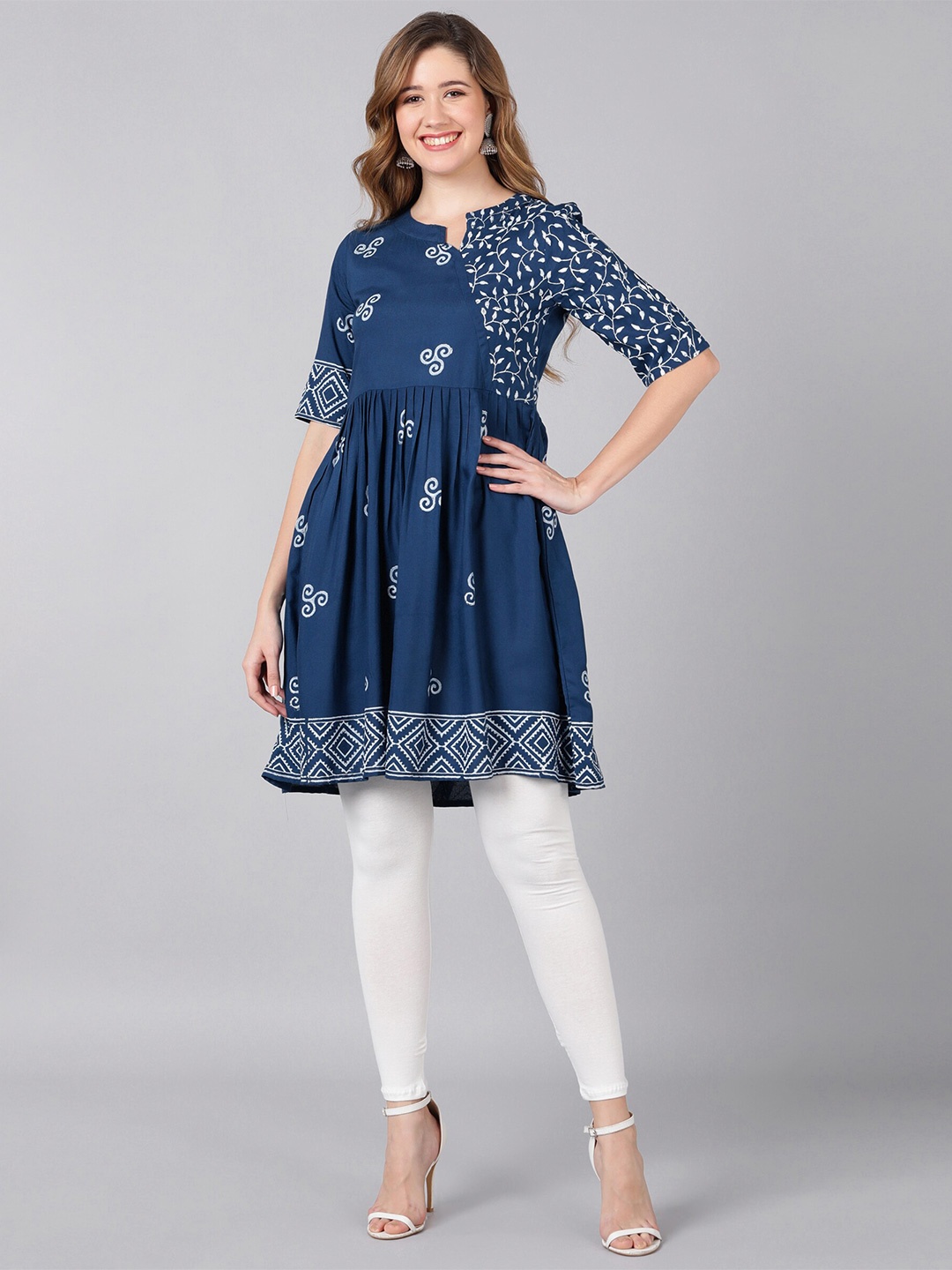 

Indi INSIDE Floral Printed Mandarin Collar Pleated A-Line Kurti, Blue