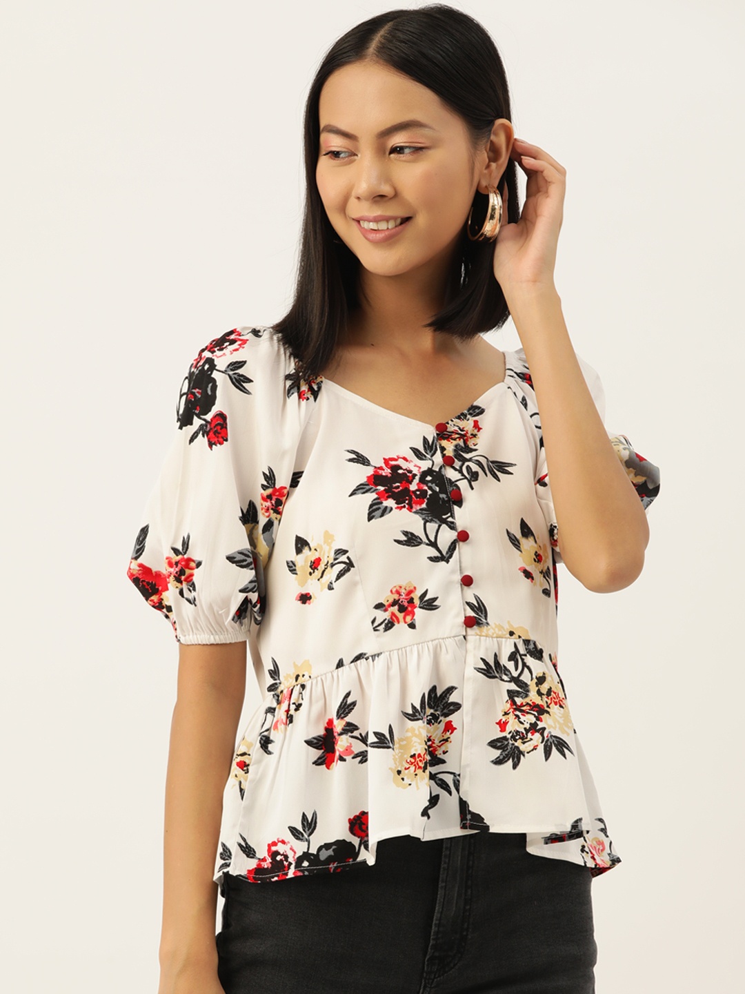 

Slenor Floral Print Puff Sleeve Crepe Peplum Top, White