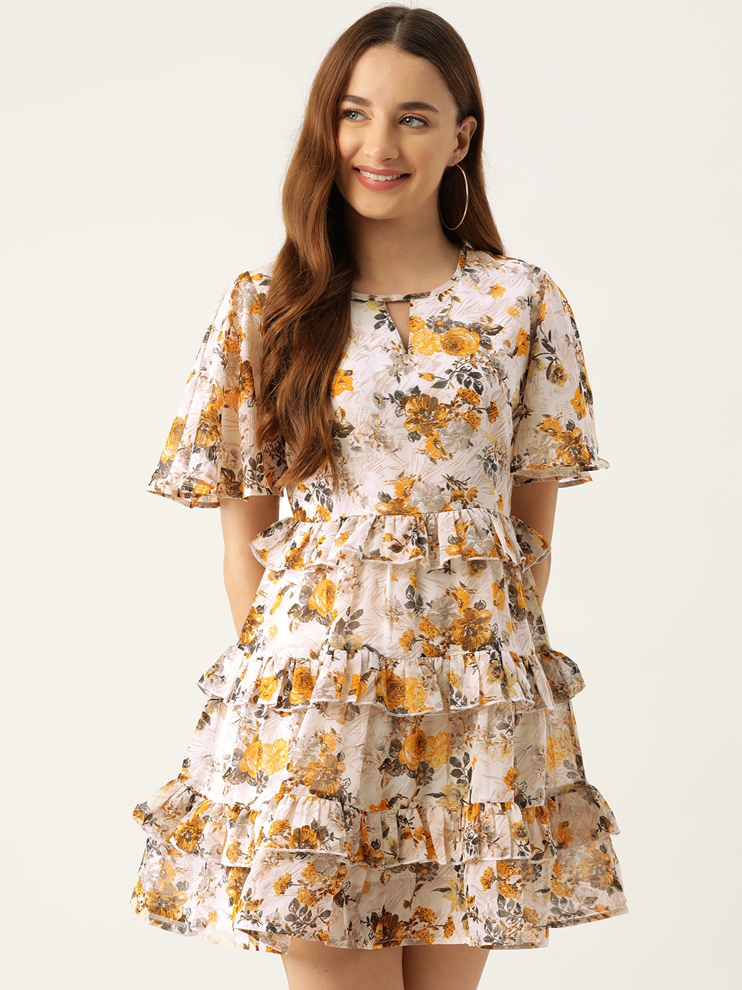 

Slenor Floral Print Keyhole Neck Flared Sleeve Ruffled Georgette A-Line Dress, Beige