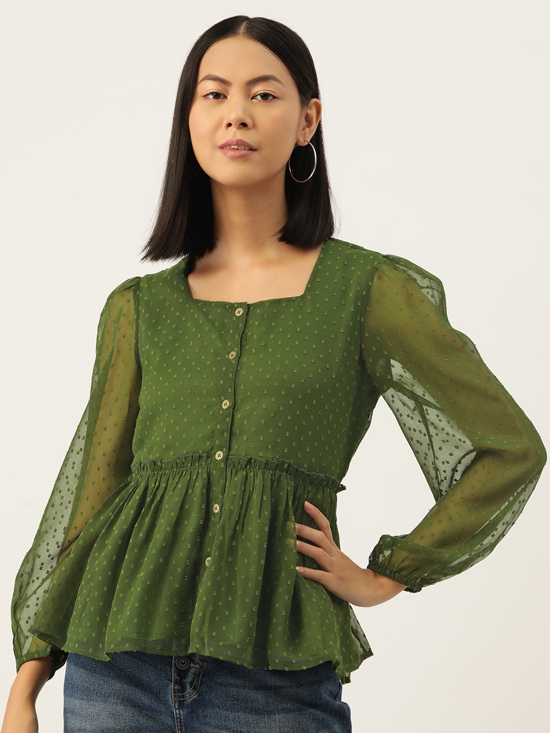 

Slenor Self Design Puff Sleeve Georgette Peplum Top, Olive