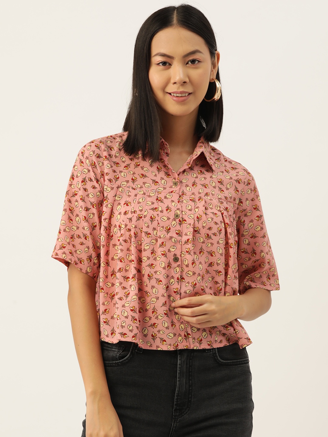 

Slenor Women Classic Floral Printed Opaque Casual Shirt, Peach